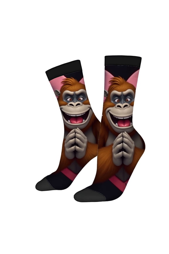 Four Seasons Universal Socks - 2 Pairs of Unisex Trendy Socks with Cheerful Cartoon Monkey Design Black & Pink Accents