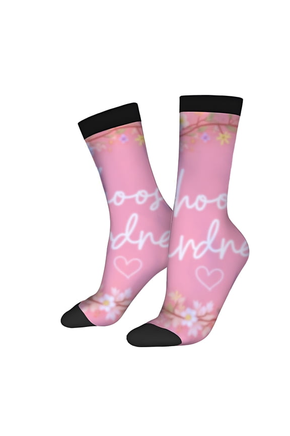 Four Seasons Universal Socks - 2 Pairs of Unisex Trendy Socks with Cherry Blossom Pattern on Pink Background Black Toe Caps & Cuffs