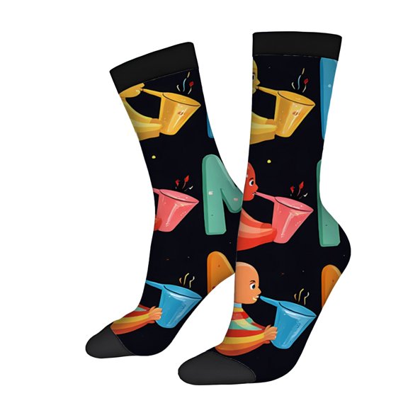 Four Seasons Universal Socks - 2 Pairs of Unisex Trendy Socks with Colorful Cartoon Characters & Playful Cup Design on Black Background