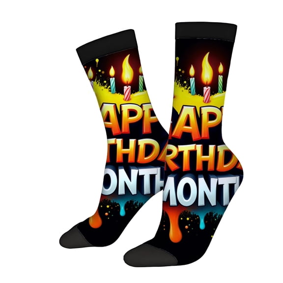 Four Seasons Universal Socks - 2 Pairs of Unisex Trendy Socks with Colorful ' HAPPY BIRTHDAY MONTH ' Design & Fun Candle Motif