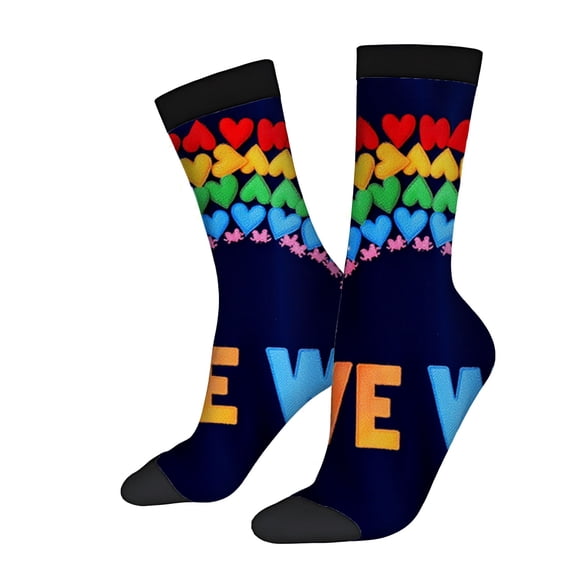 Four Seasons Universal Socks - 2 Pairs of Unisex Trendy Socks with Colorful Heart & Puzzle Piece Design on Dark Blue Background
