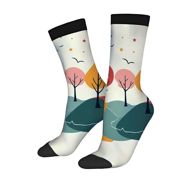 Four Seasons Universal Socks - 2 Pairs of Unisex Trendy Socks with Colorful Landscape Design Featuring Trees Birds and Water