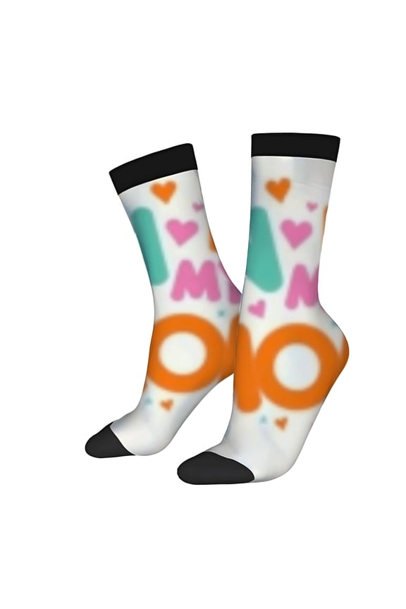 Four Seasons Universal Socks - 2 Pairs of Unisex Trendy Socks with Colorful Pastel Shapes Hearts and ' M ' & ' O ' Letters on White Background