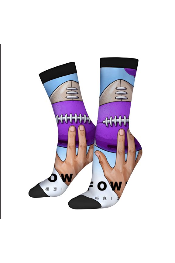Four Seasons Universal Socks - 2 Pairs of Unisex Trendy Socks with Colorful Purple Football Design Black Accents and Fun Text