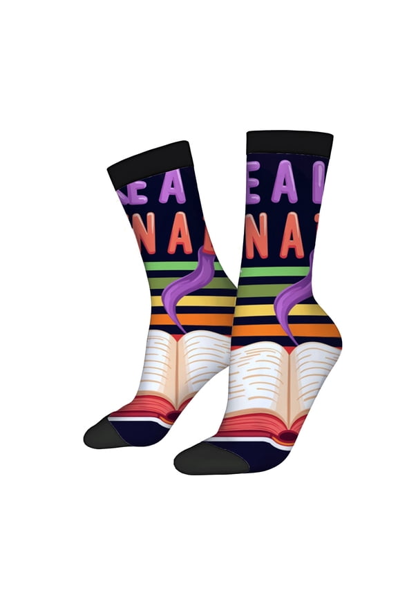 Four Seasons Universal Socks - 2 Pairs of Unisex Trendy Socks with Colorful ' READ A BOOK ' Design & Magical Book Illustration