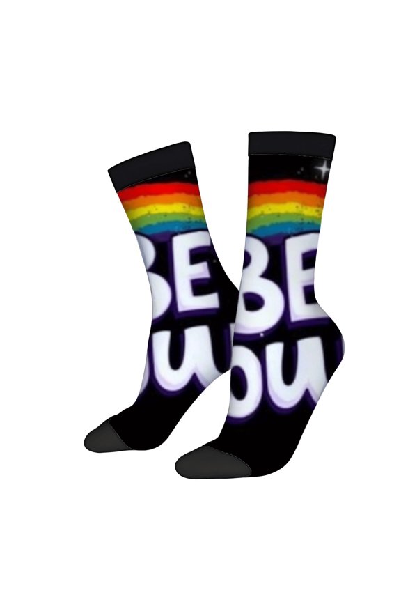 Four Seasons Universal Socks - 2 Pairs of Unisex Trendy Socks with Colorful Rainbow Design & Bold ' BE YOU ' Text on Black Background