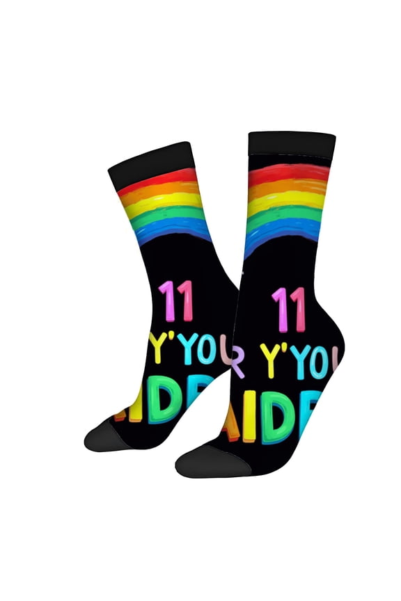 Four Seasons Universal Socks - 2 Pairs of Unisex Trendy Socks with Colorful Rainbow Design and Playful ' 11 Y ' s YO ' YOU ' Text