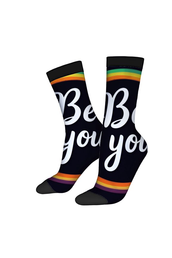 Four Seasons Universal Socks - 2 Pairs of Unisex Trendy Socks with Colorful Rainbow Stripes & ' Be You ' Cursive Design on Black