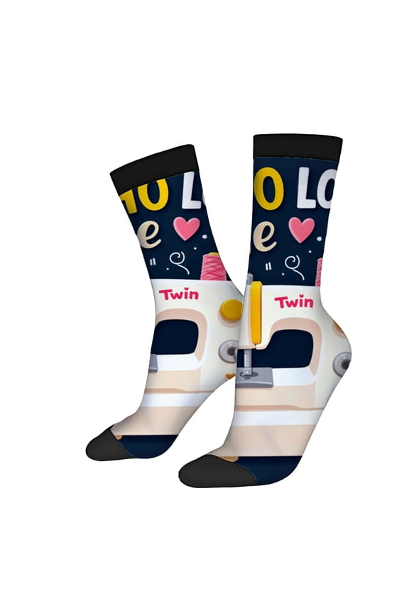 Four Seasons Universal Socks - 2 Pairs of Unisex Trendy Socks with Colorful Sewing Machine Design Hearts & Spools on Dark Blue Background