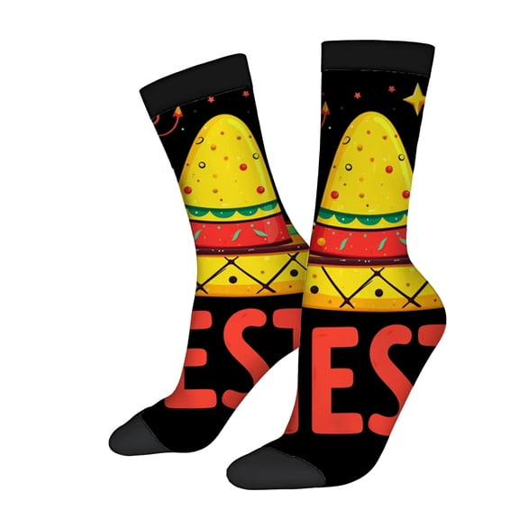 Four Seasons Universal Socks - 2 Pairs of Unisex Trendy Socks with Colorful Sombrero Design & ' FESTIVAL ' Text on Black Background