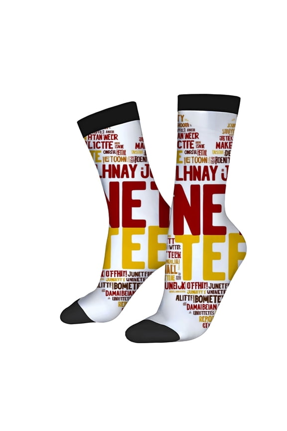 Four Seasons Universal Socks - 2 Pairs of Unisex Trendy Socks with Colorful Word Cloud Design Featuring ' JUNENE ' in Bold Colors