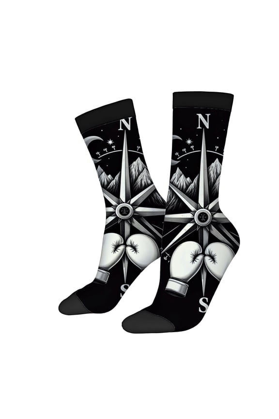 Four Seasons Universal Socks - 2 Pairs of Unisex Trendy Socks with Compass Boxing Gloves & Mountain Design Stylish Black & White Accents