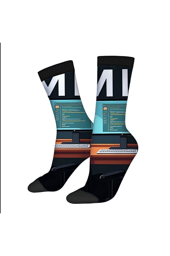 Four Seasons Universal Socks - 2 Pairs of Unisex Trendy Socks with Computer Workstation Design Black Cuff Teal & Orange Accents