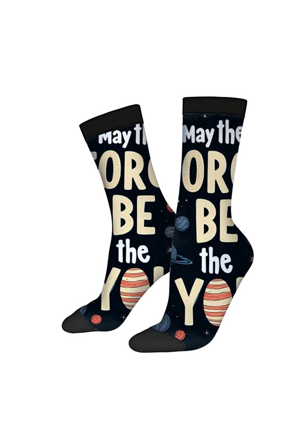 Four Seasons Universal Socks - 2 Pairs of Unisex Trendy Socks with Cosmic Space Design Featuring Planets Stars & Bold ' May the Force be with you '