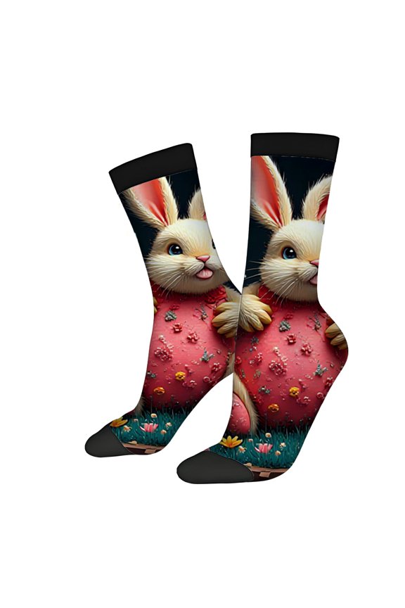 Four Seasons Universal Socks - 2 Pairs of Unisex Trendy Socks with Cute Animated Rabbit in Floral Outfit on Colorful Field