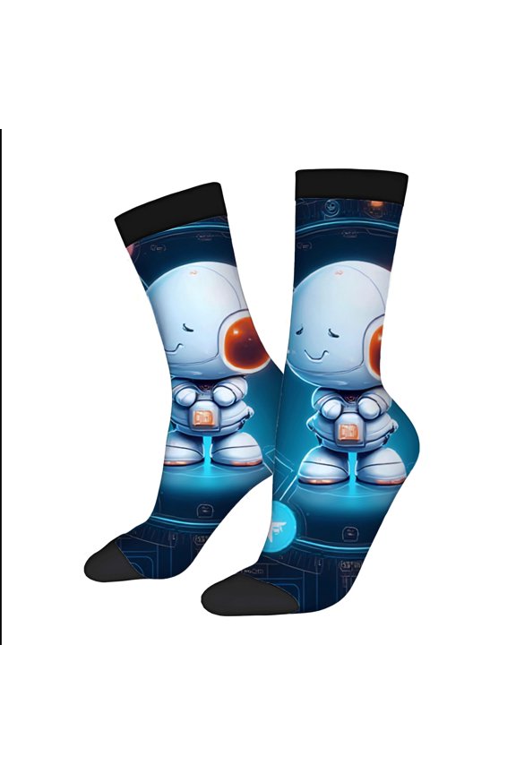 Four Seasons Universal Socks 2 Pairs of Unisex Trendy Socks with Cute Cartoon Robot Design on Futuristic Platform Mixed Colors