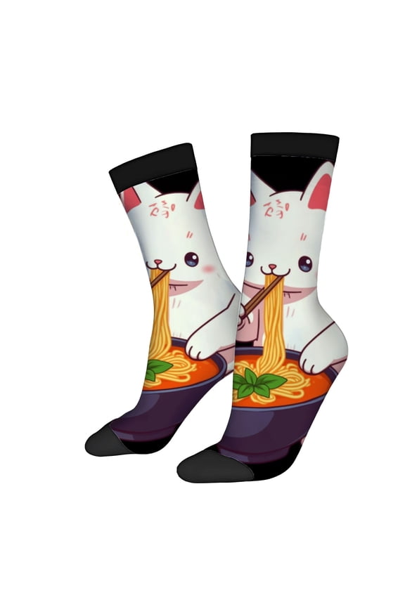 Four Seasons Universal Socks - 2 Pairs of Unisex Trendy Socks with Cute White Rabbit & Noodle Soup Design Playful Mixed Colors