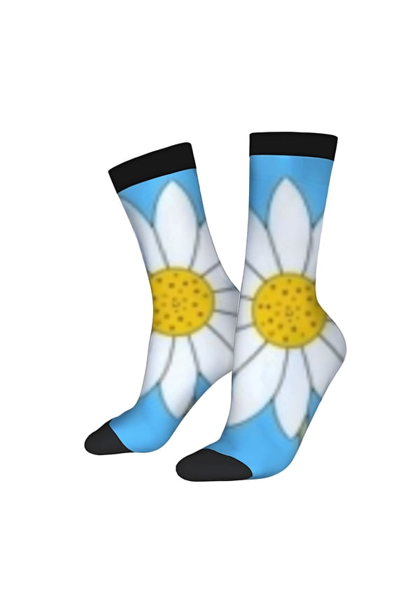Four Seasons Universal Socks - 2 Pairs of Unisex Trendy Socks with Daisy Pattern on Blue Background Black Cuffs