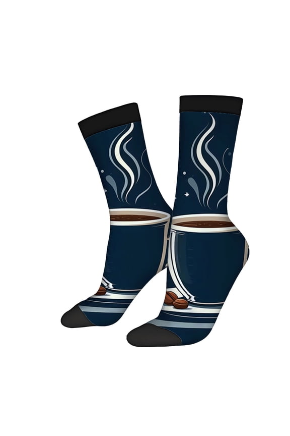 Four Seasons Universal Socks - 2 Pairs of Unisex Trendy Socks with Dark Blue Coffee Cup Design White Coffee Beans