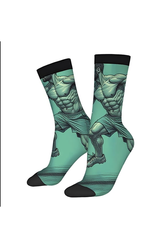 Four Seasons Universal Socks - 2 Pairs of Unisex Trendy Socks with Dynamic Athletic Figure Design on Green Background