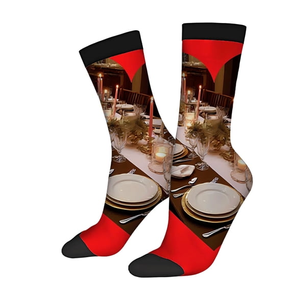Four Seasons Universal Socks - 2 Pairs of Unisex Trendy Socks with Elegant Dining Table Design Red and Black Color Scheme