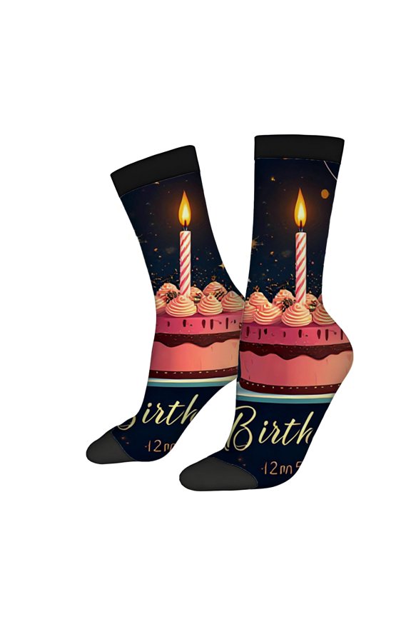 Four Seasons Universal Socks - 2 Pairs of Unisex Trendy Socks with Festive Birthday Cake and Candle Design Mixed Colors