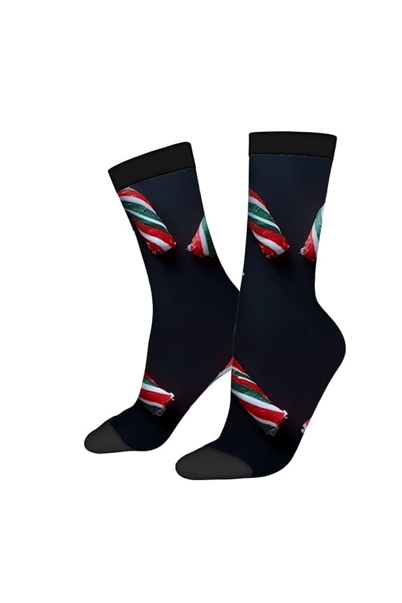 Four Seasons Universal Socks - 2 Pairs of Unisex Trendy Socks with Festive Candy Design in Red White and Green on Black