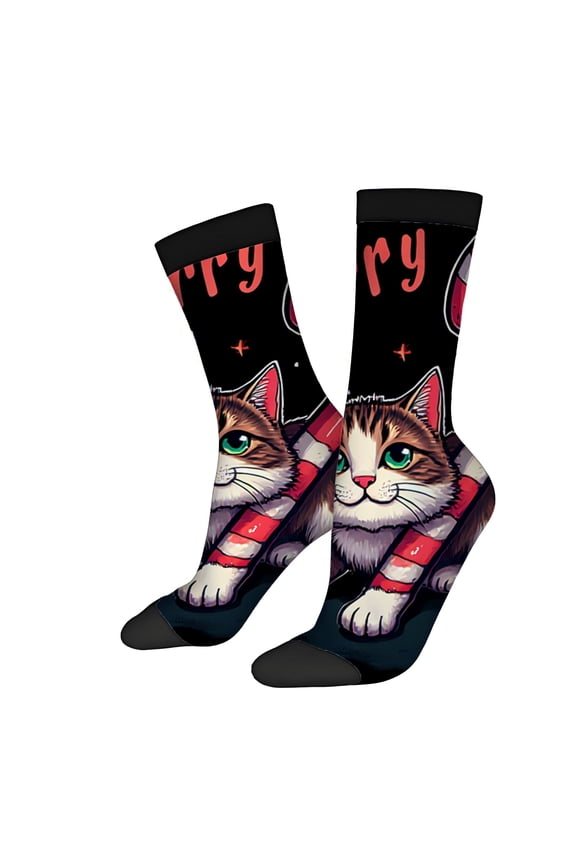 Four Seasons Universal Socks - 2 Pairs of Unisex Trendy Socks with Festive Cartoon Cat Candy Stripes & Red Stars on Black