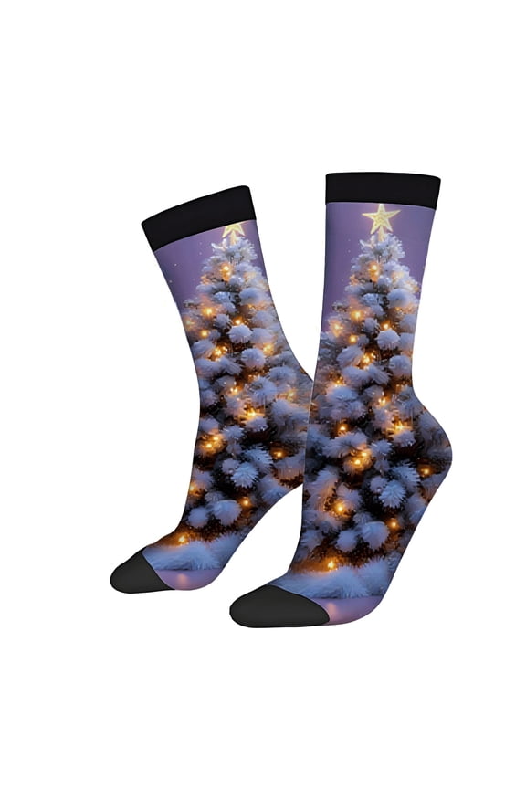 Four Seasons Universal Socks - 2 Pairs of Unisex Trendy Socks with Festive Christmas Tree Design Snowy Branches & Glowing Lights