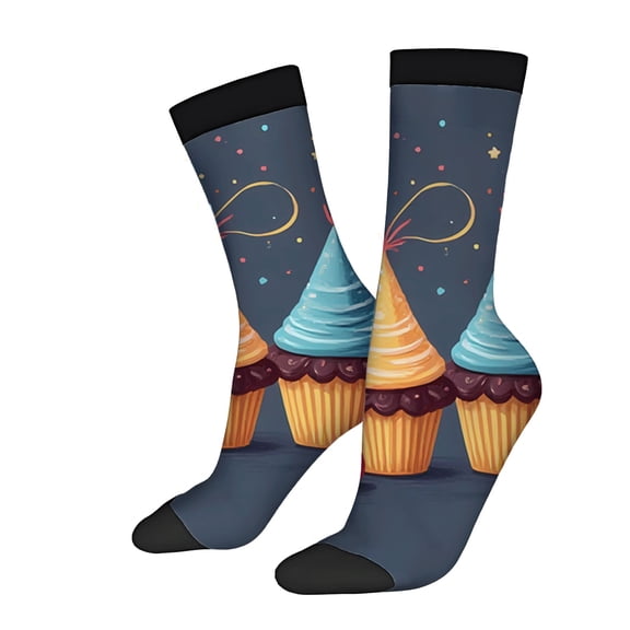 Four Seasons Universal Socks - 2 Pairs of Unisex Trendy Socks with Festive Cupcake Design Colorful Dots & Stars on Dark Blue