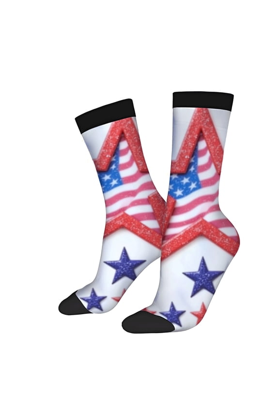 Four Seasons Universal Socks - 2 Pairs of Unisex Trendy Socks with Festive Patriotic Star Design Glittery Effect and Contrasting Black Accents