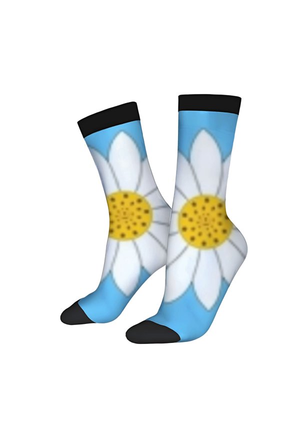 Four Seasons Universal Socks - 2 Pairs of Unisex Trendy Socks with Floral Blue Daisy Design and Black Cuffs Perfect for Any Season