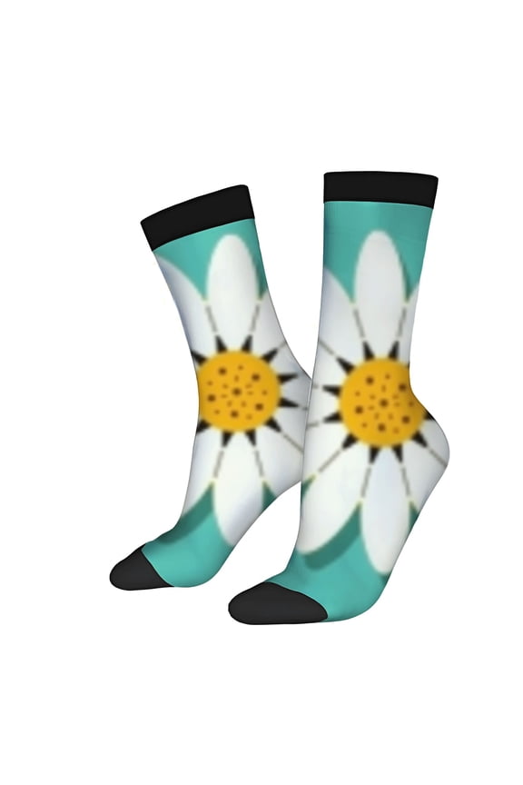 Four Seasons Universal Socks - 2 Pairs of Unisex Trendy Socks with Floral Daisy Design on Turquoise Black Cuffs
