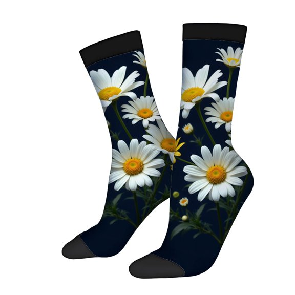 Four Seasons Universal Socks - 2 Pairs of Unisex Trendy Socks with Floral Daisy Pattern on Dark Blue Black Toe Caps & Cuffs