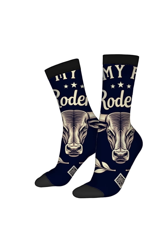 Four Seasons Universal Socks - 2 Pairs of Unisex Trendy Socks with Fun Cow Face Design Stars and ' Rodeo ' Text on Dark Blue Background