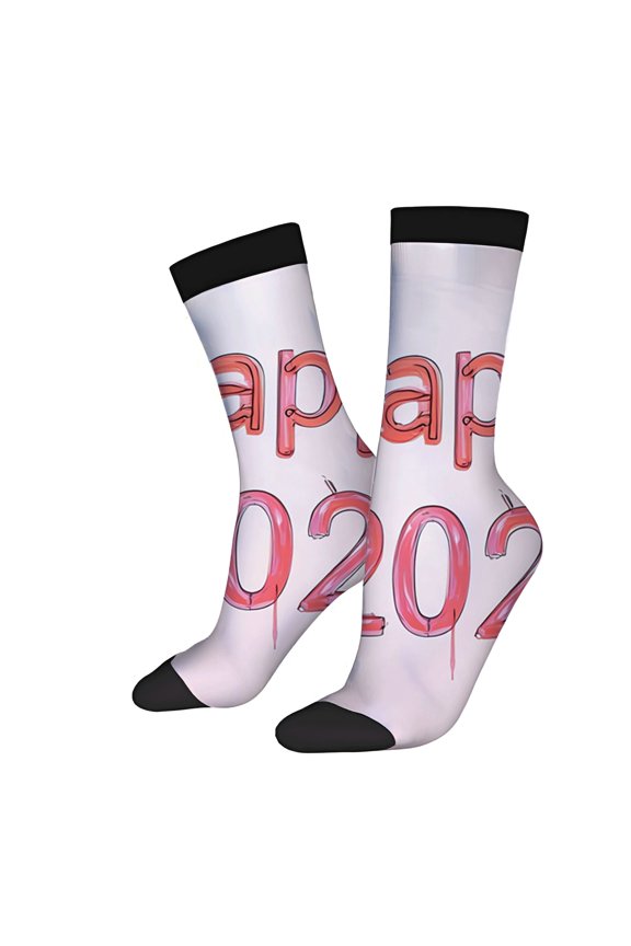Four Seasons Universal Socks - 2 Pairs of Unisex Trendy Socks with Fun ' Pap ' Design in Red and Pink on White Black Toe Caps & Cuffs