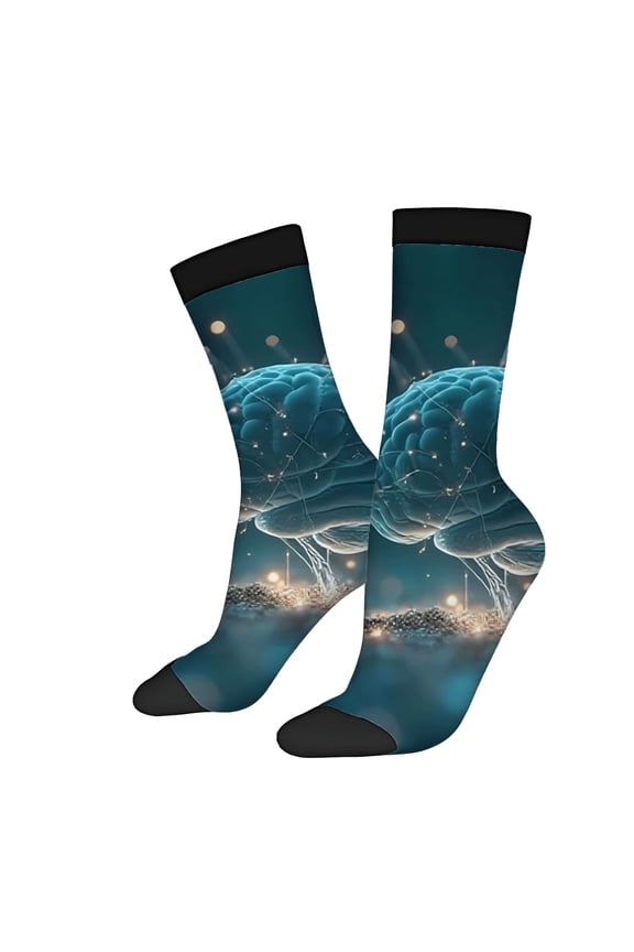 Four Seasons Universal Socks - 2 Pairs of Unisex Trendy Socks with Futuristic Brain & Neural Design on Dark Blue Teal Gradient