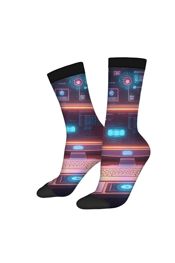 Four Seasons Universal Socks - 2 Pairs of Unisex Trendy Socks with Futuristic Design Glowing Digital Elements on Dark Background