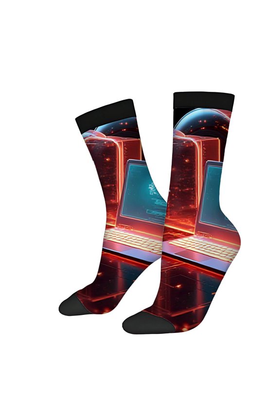 Four Seasons Universal Socks - 2 Pairs of Unisex Trendy Socks with Futuristic Glowing Laptop & Dynamic Red/Black Design