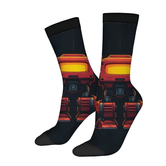 Four Seasons Universal Socks - 2 Pairs of Unisex Trendy Socks with Futuristic Robot Design in Red Orange and Yellow on Black Background