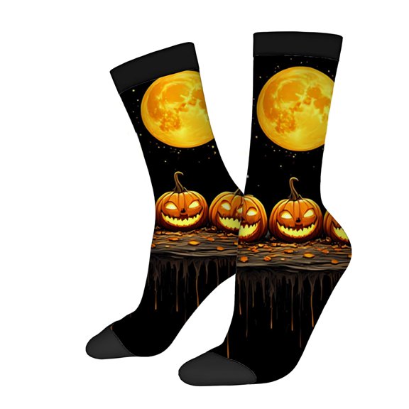Four Seasons Universal Socks - 2 Pairs of Unisex Trendy Socks with Halloween Pumpkin Design Glowing Eyes & Full Moon Pattern