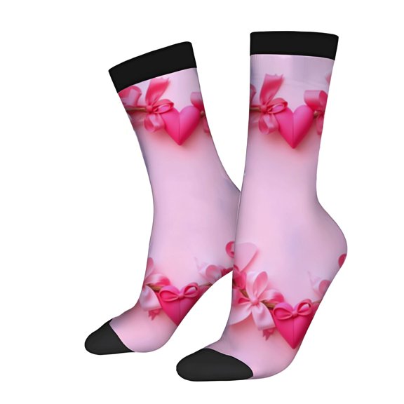 Four Seasons Universal Socks - 2 Pairs of Unisex Trendy Socks with Heart and Bow Pattern on Pink Background Black Toe Caps