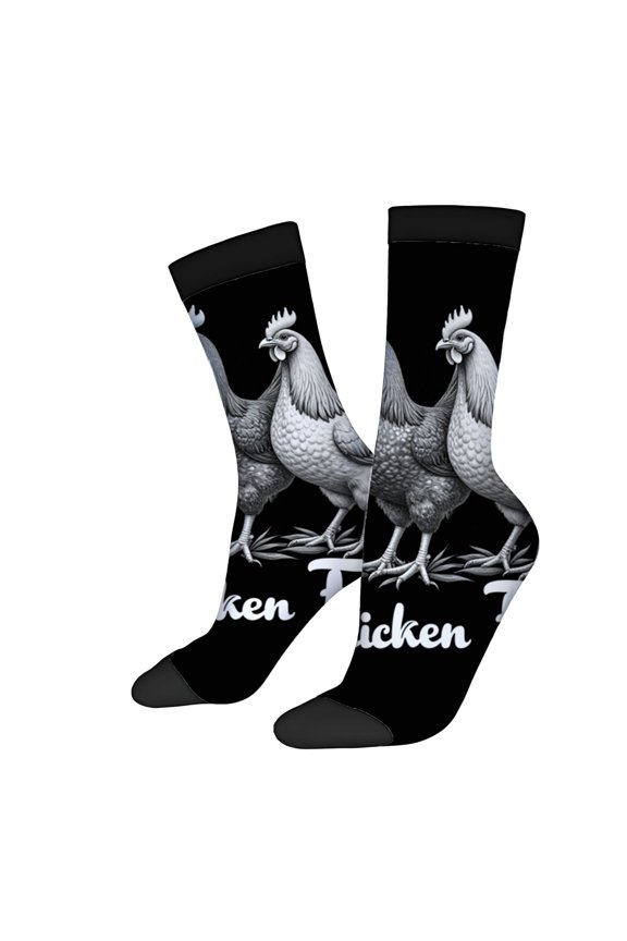 Four Seasons Universal Socks - 2 Pairs of Unisex Trendy Socks with Intricate Grayscale Rooster Design and Cursive ' Thicken ' Text