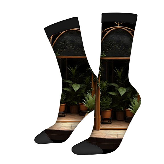 Four Seasons Universal Socks - 2 Pairs of Unisex Trendy Socks with Intricate Green Plant Patterns & Ornate Wooden Frame Design