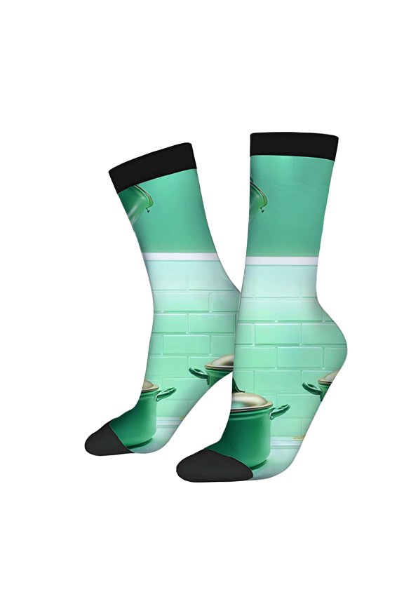 Four Seasons Universal Socks - 2 Pairs of Unisex Trendy Socks with Kitchen-Themed Green Pot Design on White Tiled Background