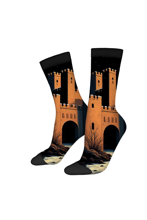 Four Seasons Universal Socks - 2 Pairs of Unisex Trendy Socks with Medieval Castle Design Orange Walls Starry Sky & Black Accents