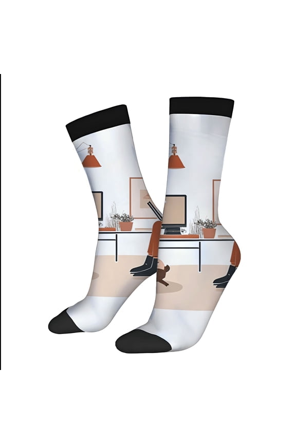 Four Seasons Universal Socks - 2 Pairs of Unisex Trendy Socks with Modern Office Design: Desk Computer and Plant Accents