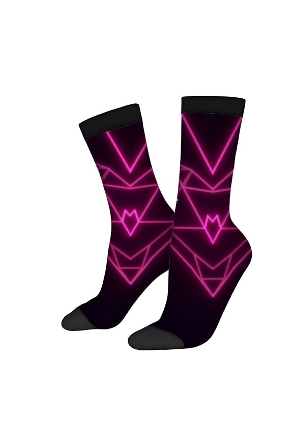 Four Seasons Universal Socks - 2 Pairs of Unisex Trendy Socks with Neon Pink Geometric Arrow Pattern on Dark Background