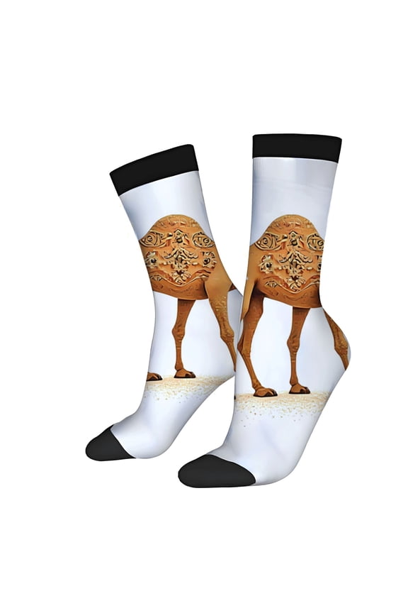 Four Seasons Universal Socks - 2 Pairs of Unisex Trendy Socks with Ornate Camel Design on White Background Black Accents