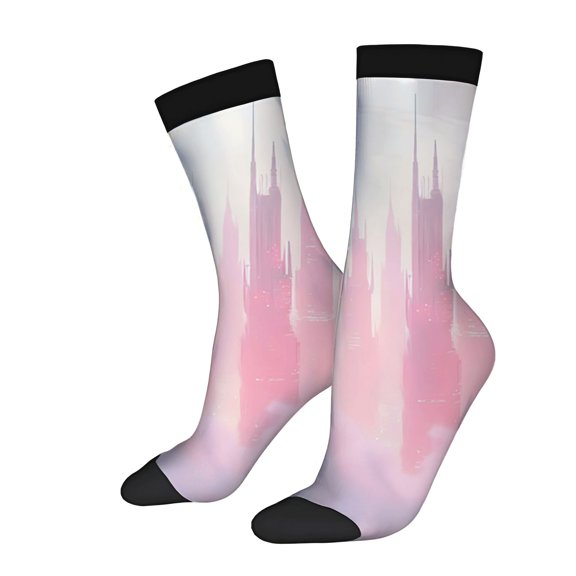 Four Seasons Universal Socks - 2 Pairs of Unisex Trendy Socks with Pink & White Gradient Cityscape Design Black Bands